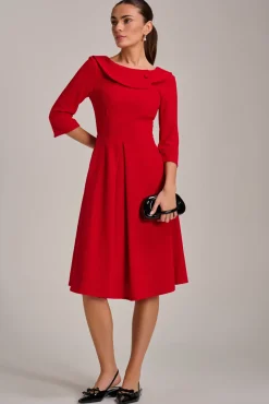 Fold Collar Button Detail Dress, Poppy Red