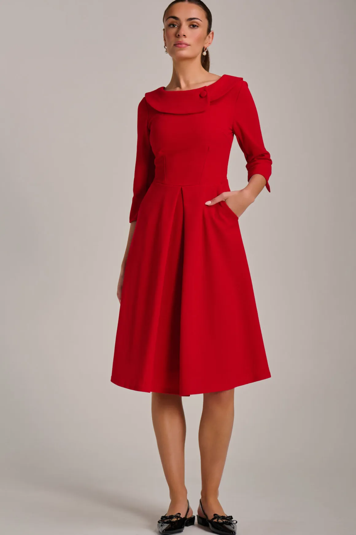 Fold Collar Button Detail Dress, Poppy Red