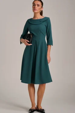 Fold Collar Button Detail Dress, Retro Green