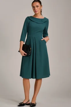Fold Collar Button Detail Dress, Retro Green