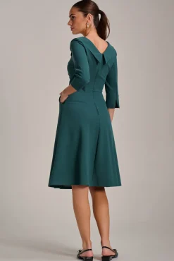 Fold Collar Button Detail Dress, Retro Green
