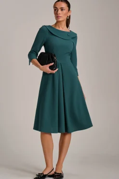 Fold Collar Button Detail Dress, Retro Green