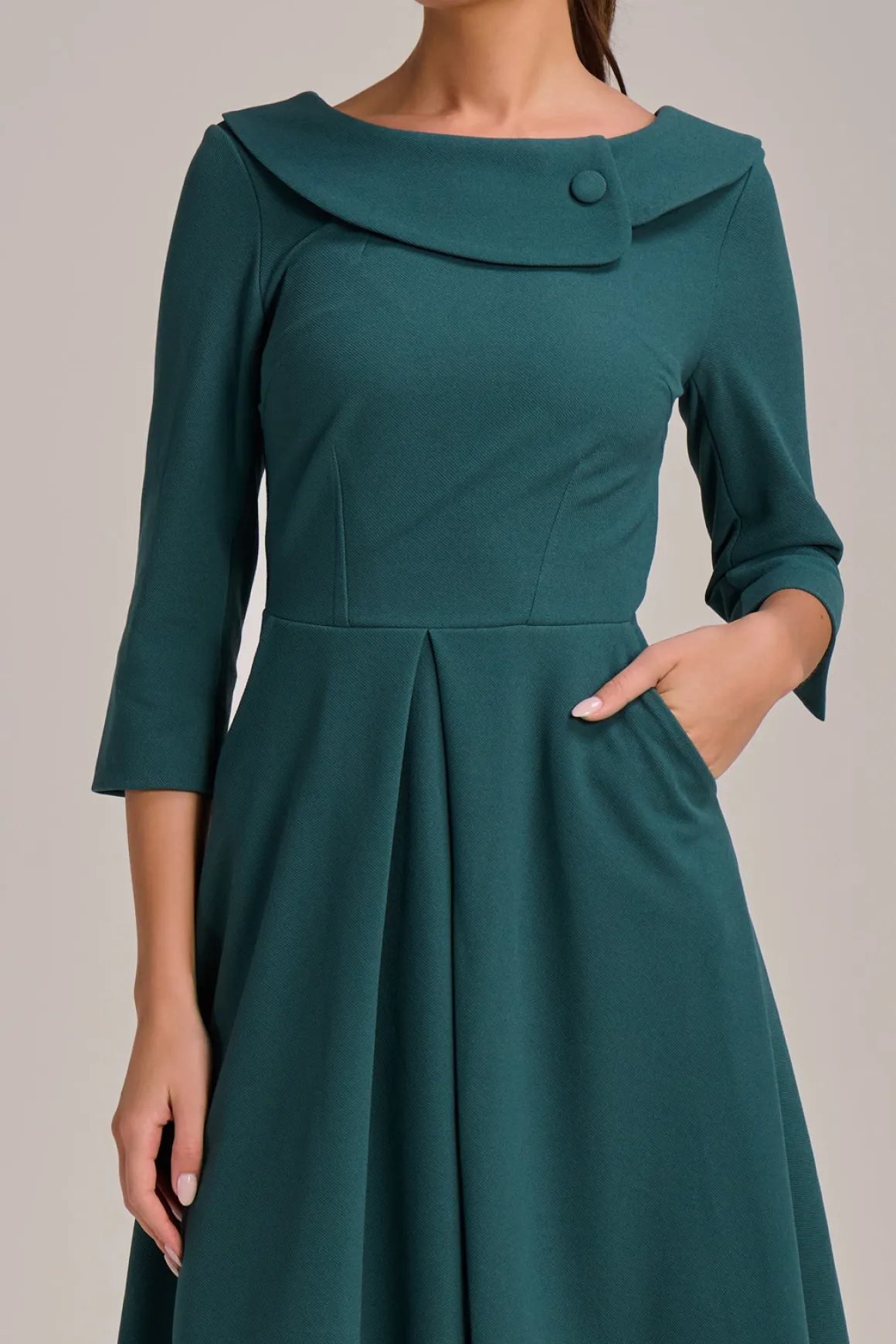 Fold Collar Button Detail Dress, Retro Green