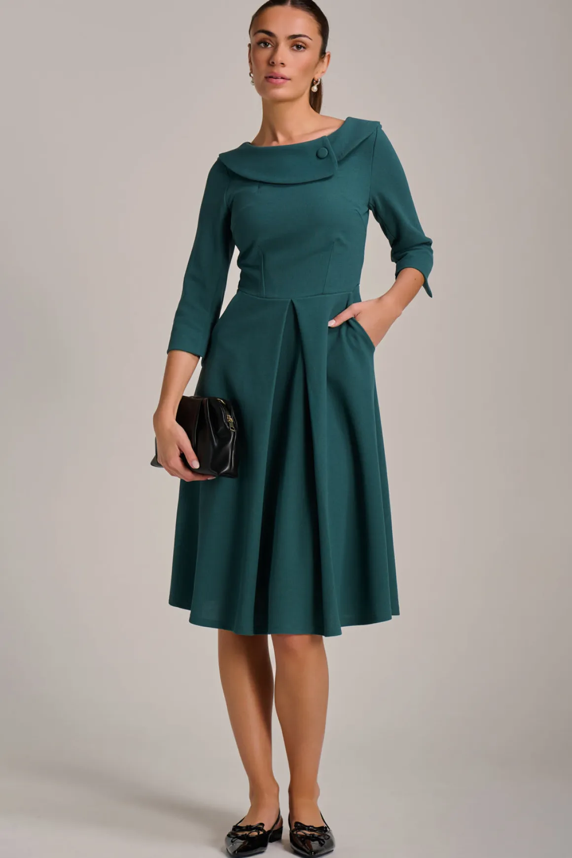 Fold Collar Button Detail Dress, Retro Green
