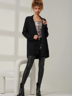 Folded Collar Fine Knit Cardigan, Black