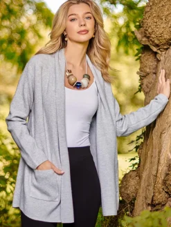 Folded Collar Fine Knit Cardigan, Dove Heather