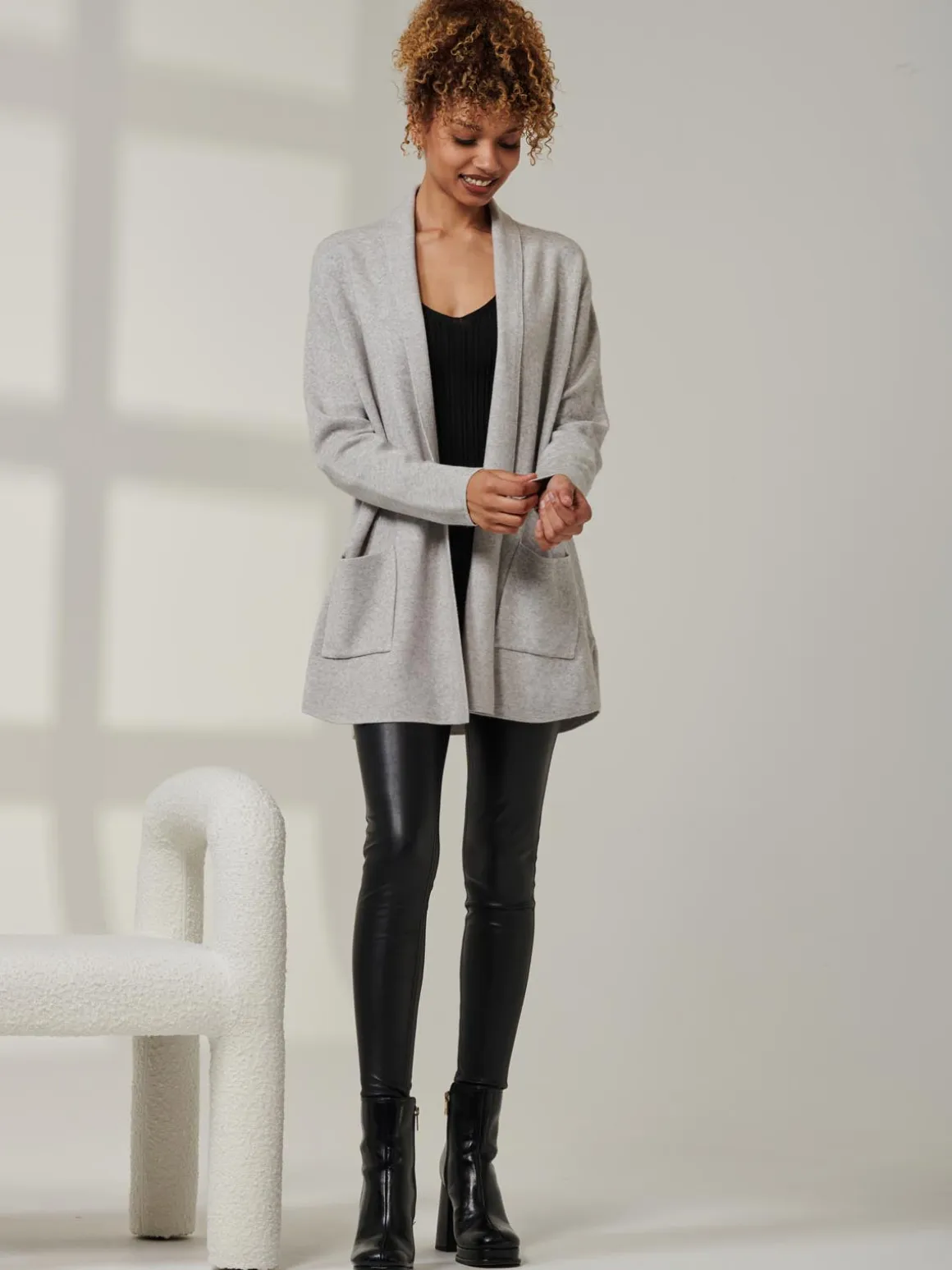 Folded Collar Fine Knit Cardigan, Dove Heather