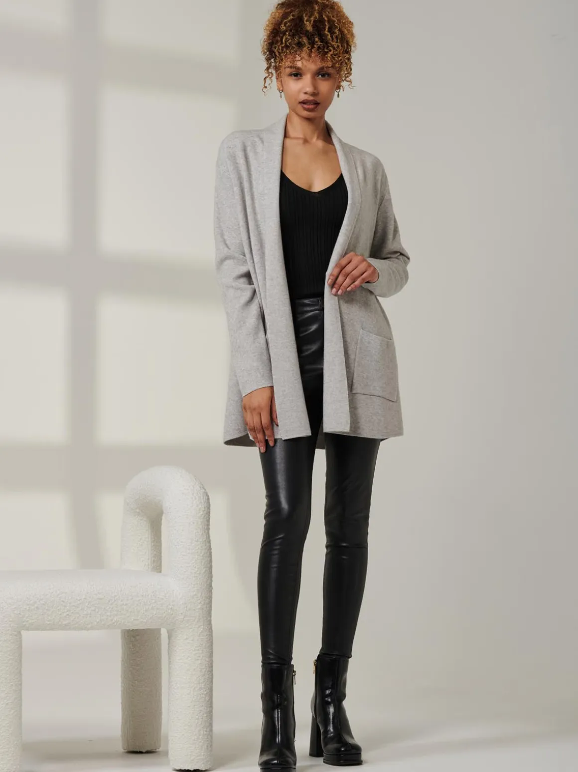 Folded Collar Fine Knit Cardigan, Dove Heather