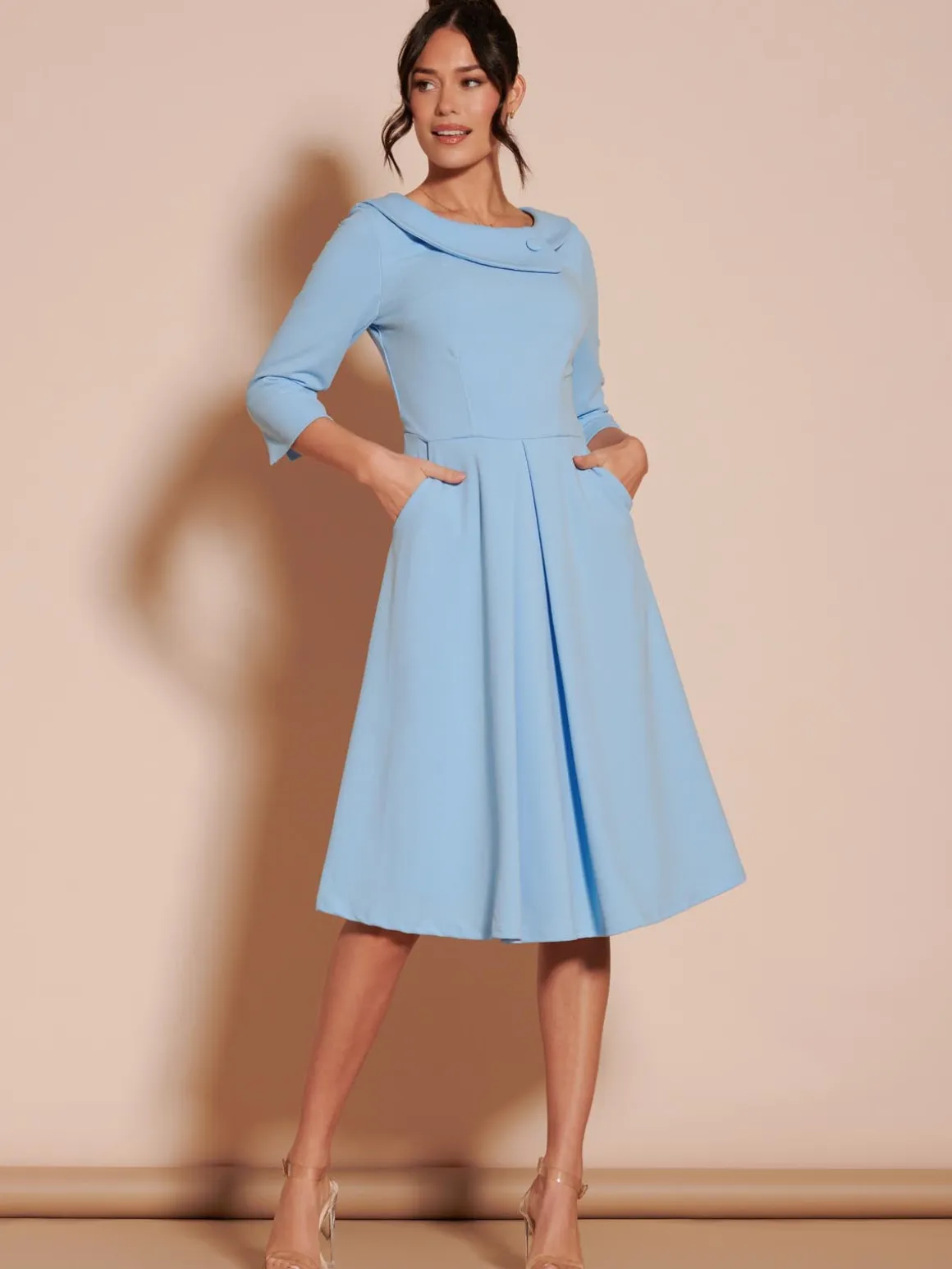 Fold Neckline Sleeved Midi Dress, Light Blue
