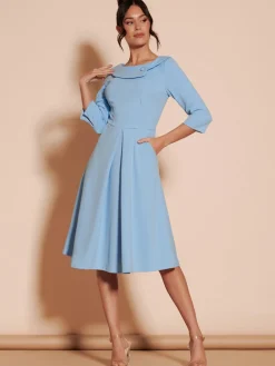 Fold Neckline Sleeved Midi Dress, Light Blue