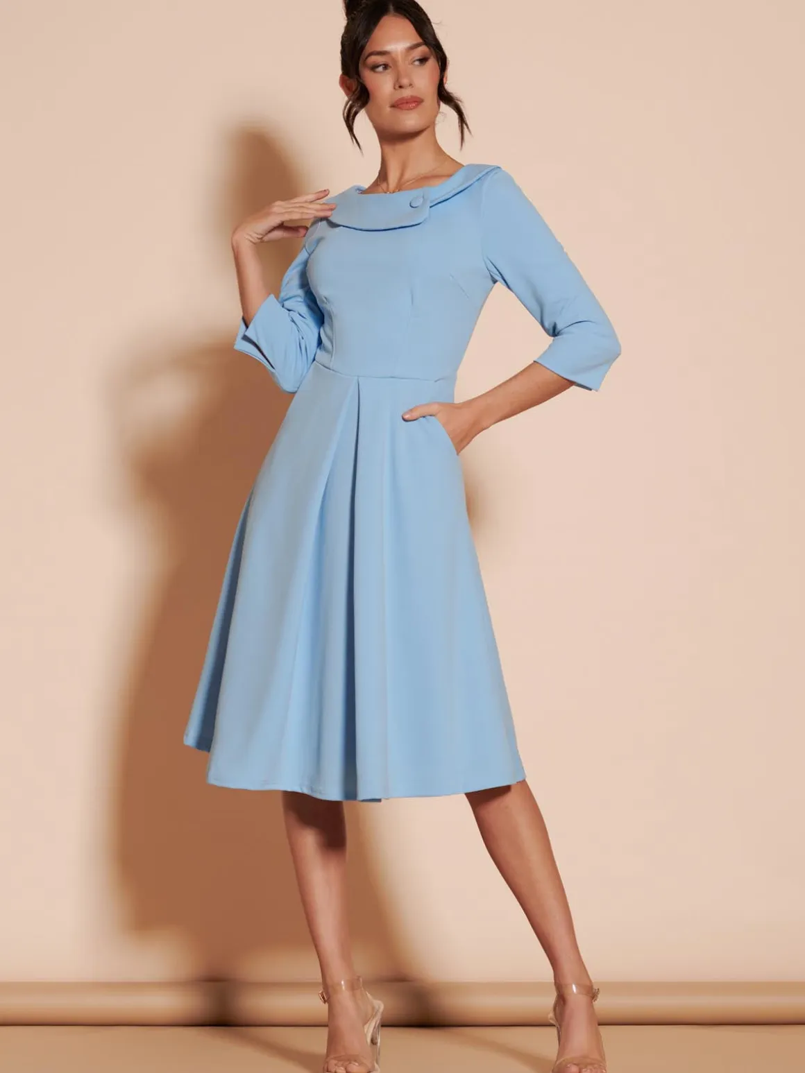 Fold Neckline Sleeved Midi Dress, Light Blue