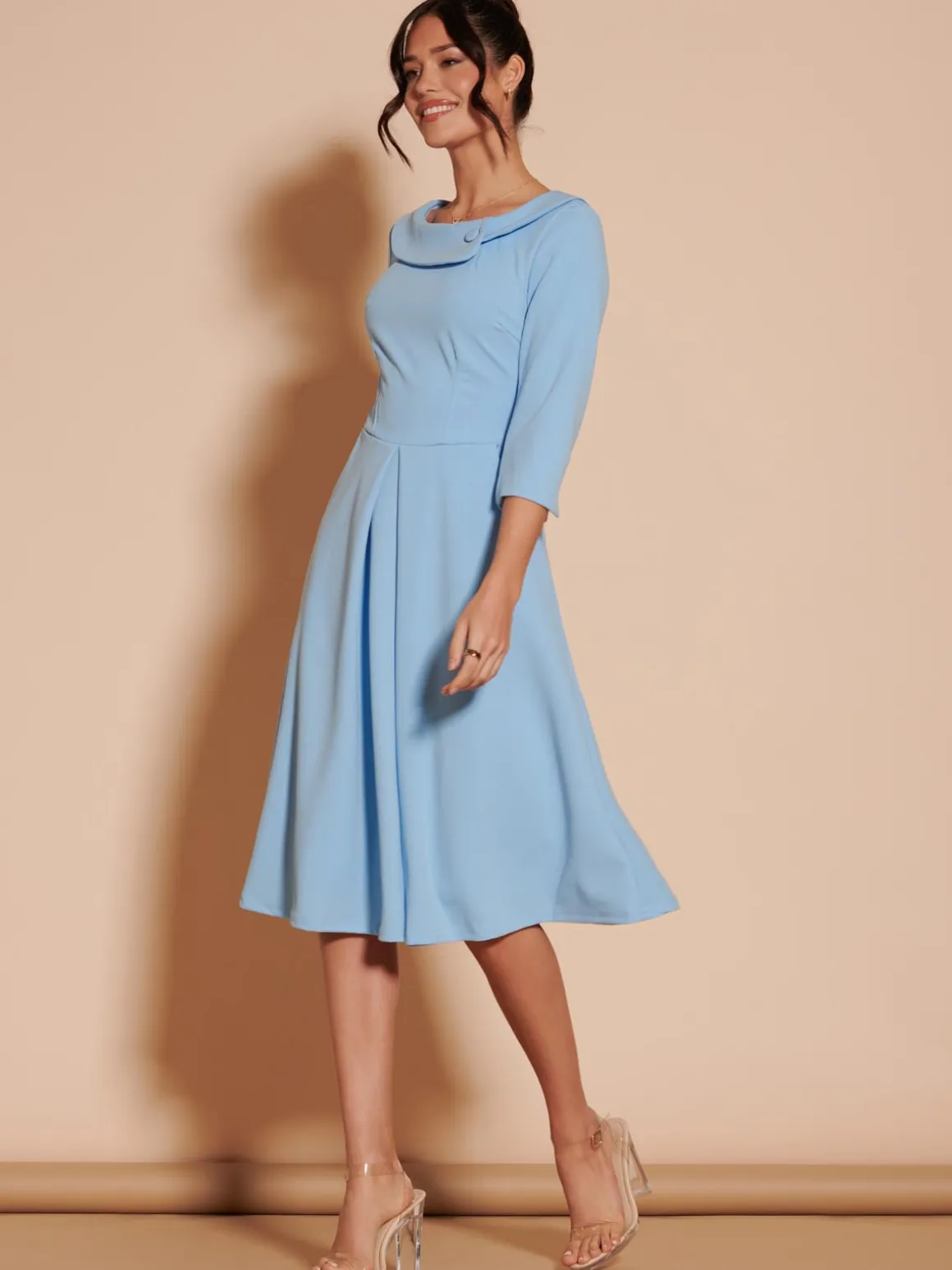 Fold Neckline Sleeved Midi Dress, Light Blue