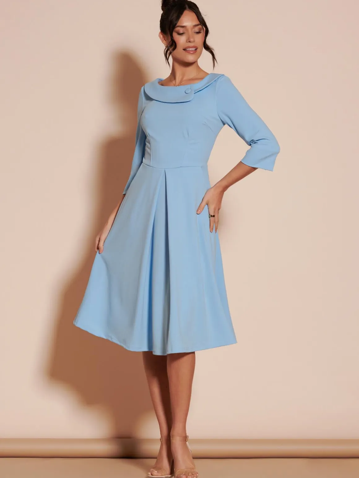 Fold Neckline Sleeved Midi Dress, Light Blue