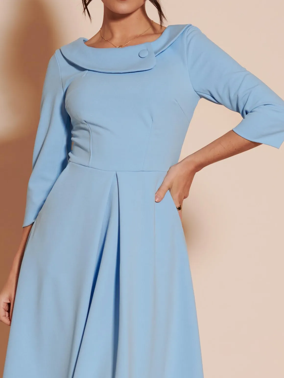 Fold Neckline Sleeved Midi Dress, Light Blue
