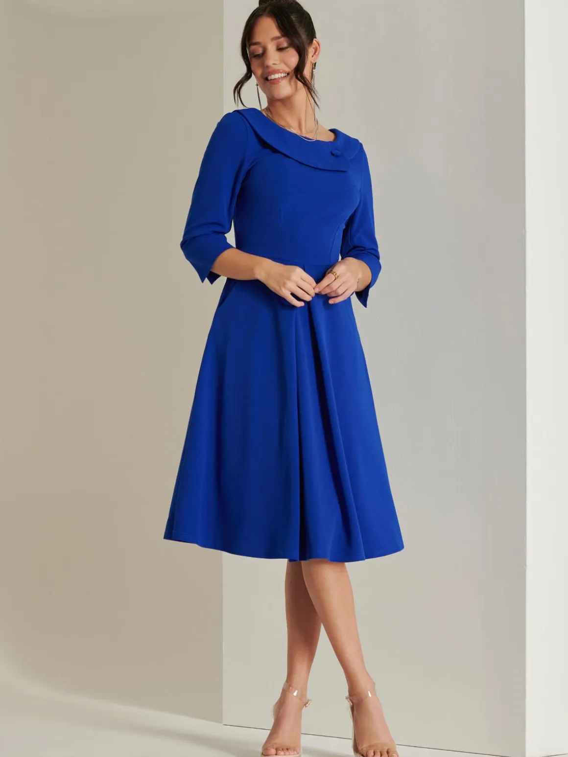 Fold Neckline Sleeved Midi Dress, Royal Blue