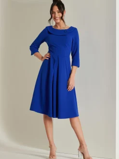 Fold Neckline Sleeved Midi Dress, Royal Blue