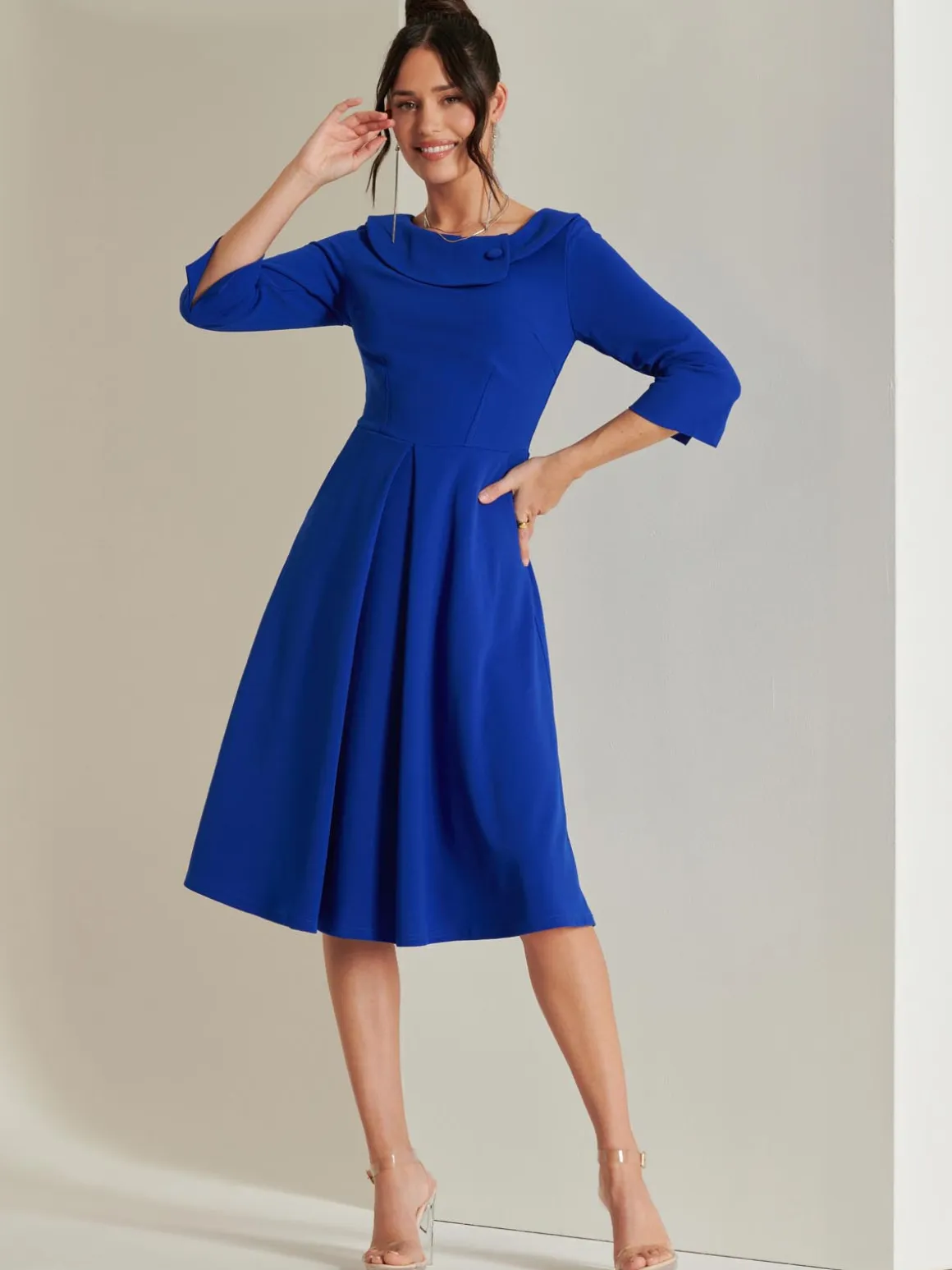 Fold Neckline Sleeved Midi Dress, Royal Blue