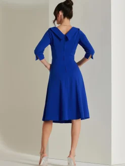 Fold Neckline Sleeved Midi Dress, Royal Blue