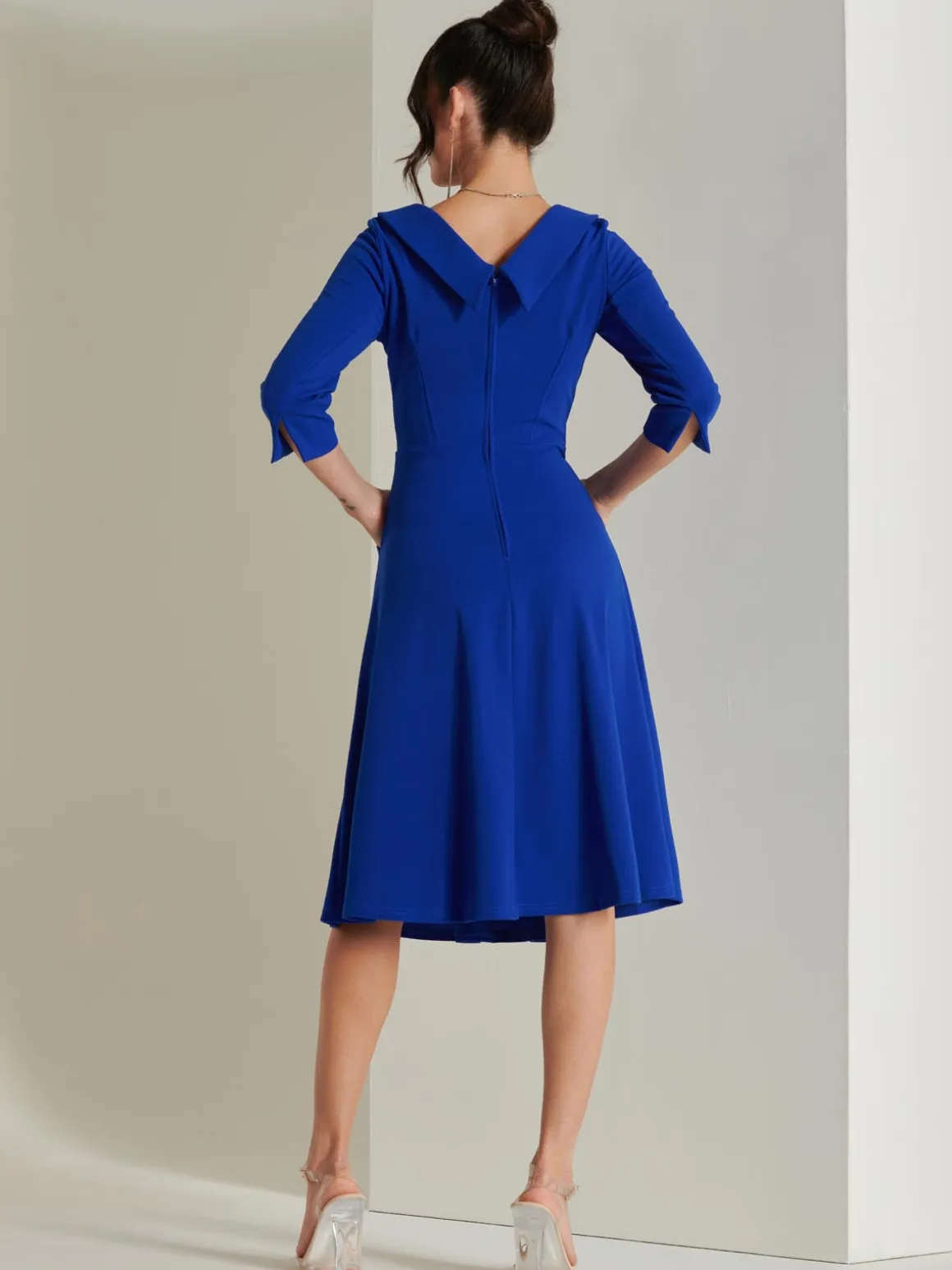 Fold Neckline Sleeved Midi Dress, Royal Blue