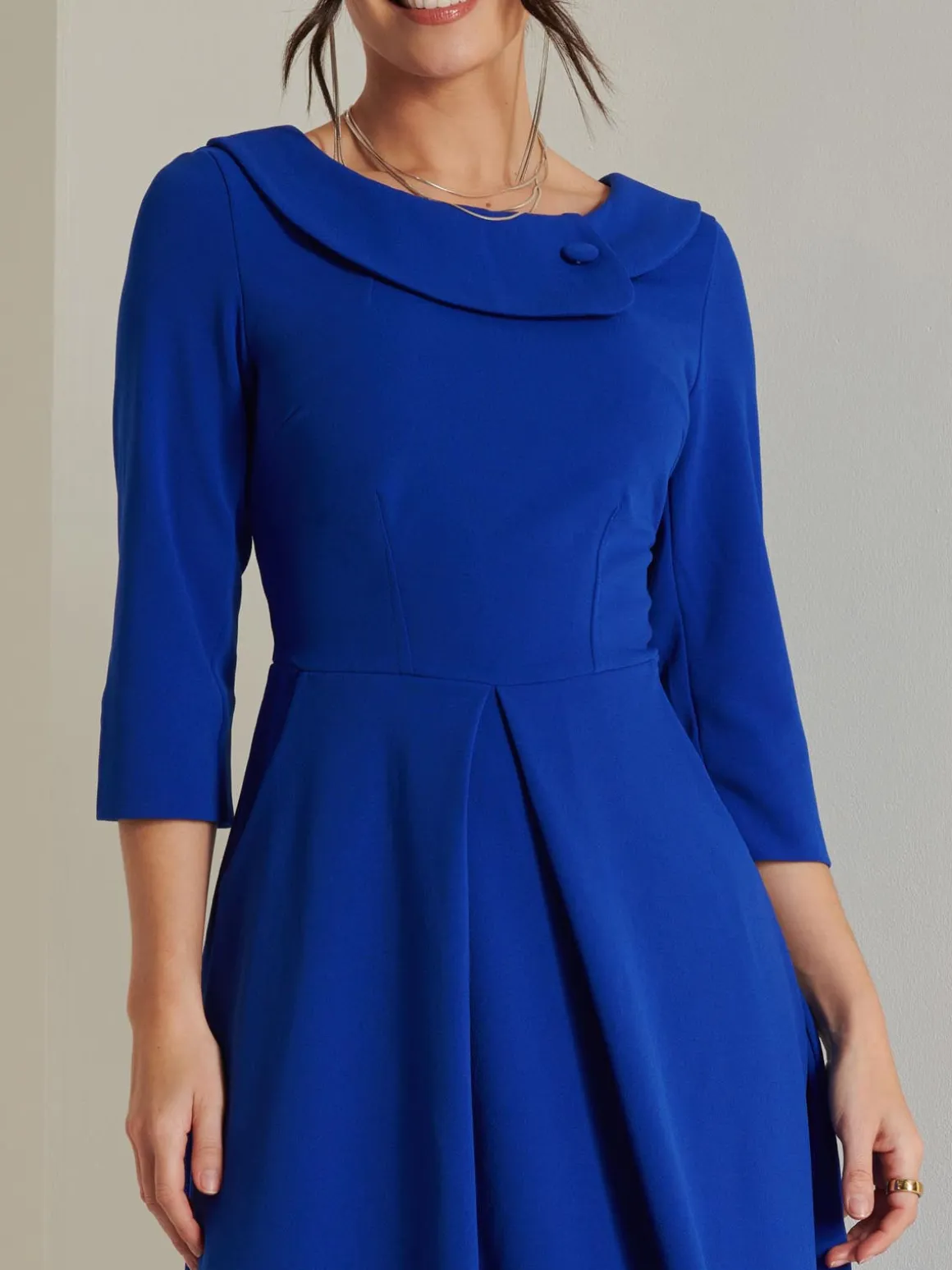 Fold Neckline Sleeved Midi Dress, Royal Blue