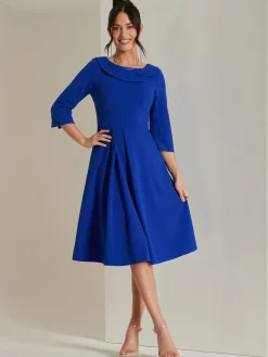 Fold Neckline Sleeved Midi Dress, Royal Blue