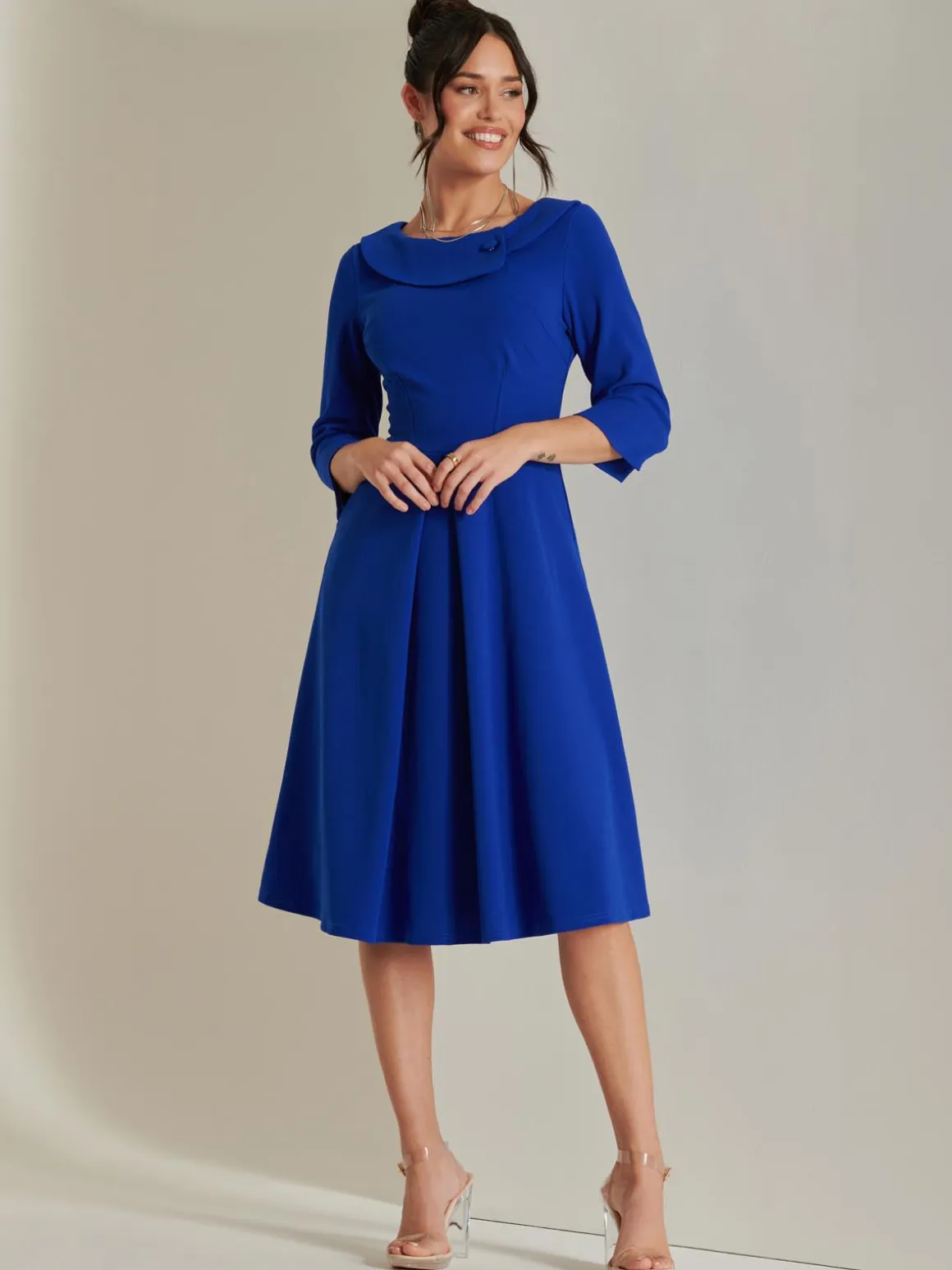 Fold Neckline Sleeved Midi Dress, Royal Blue