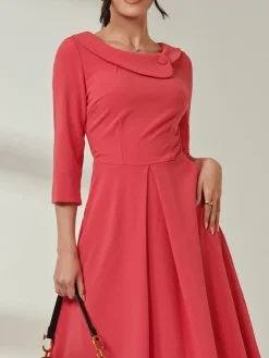 Fold Neckline Sleeved Midi Dress, Watermelon