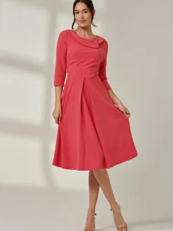 Fold Neckline Sleeved Midi Dress, Watermelon