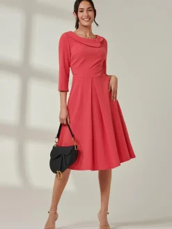 Fold Neckline Sleeved Midi Dress, Watermelon