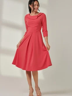Fold Neckline Sleeved Midi Dress, Watermelon