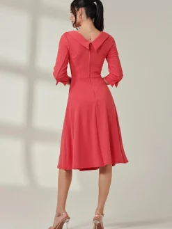 Fold Neckline Sleeved Midi Dress, Watermelon