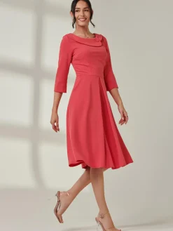 Fold Neckline Sleeved Midi Dress, Watermelon