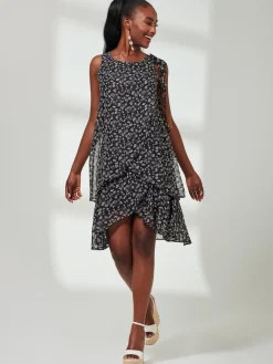 Frill Chiffon Mini Swing Dress, Black Ditsy