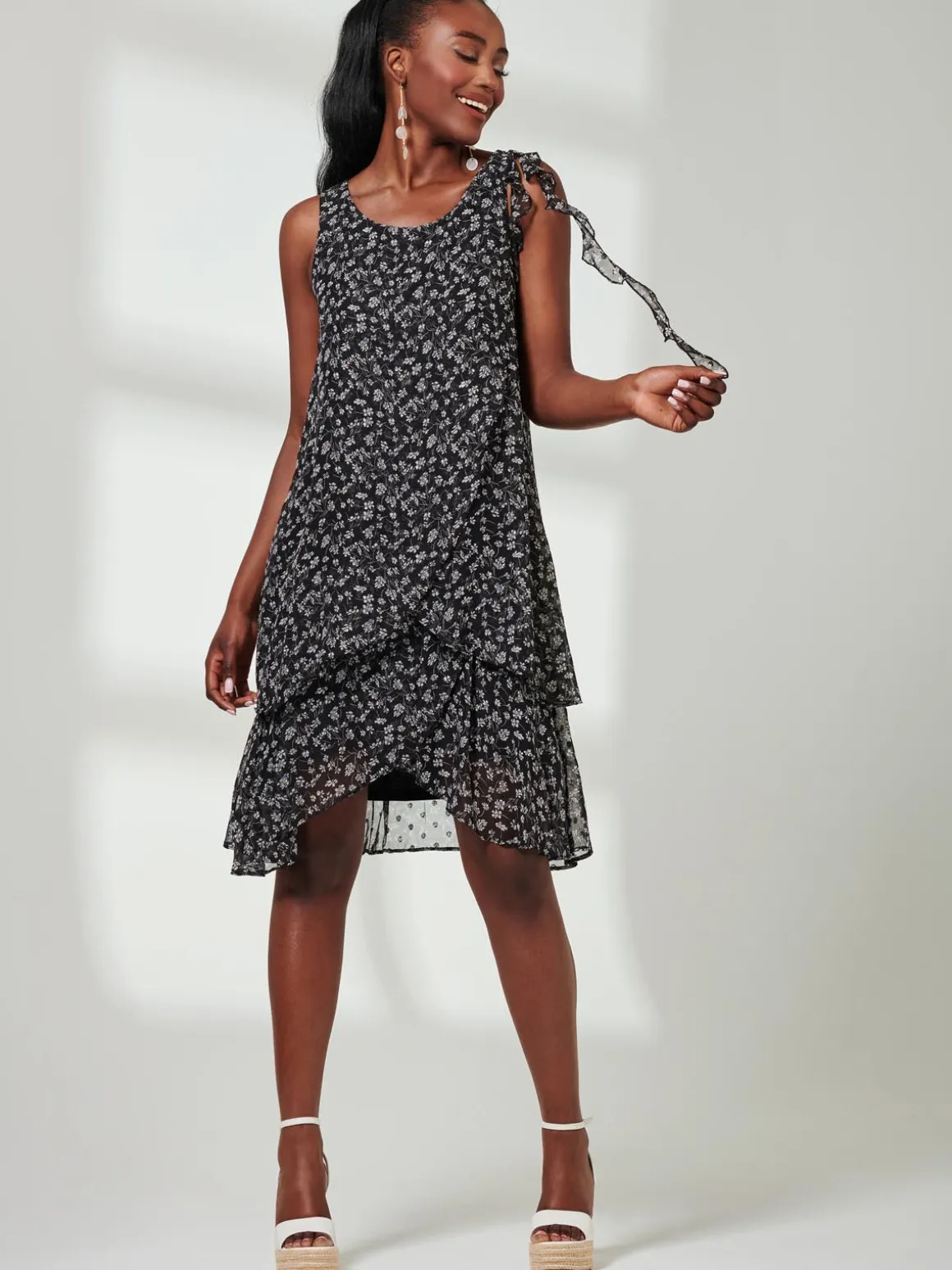 Frill Chiffon Mini Swing Dress, Black Ditsy
