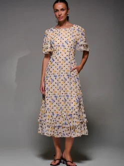 Frill Detail Chiffon Midaxi Dress, Beige Spot