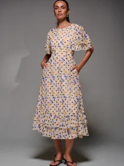Frill Detail Chiffon Midaxi Dress, Beige Spot