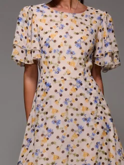 Frill Detail Chiffon Midaxi Dress, Beige Spot