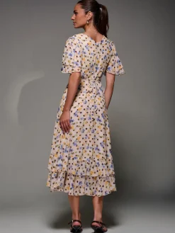 Frill Detail Chiffon Midaxi Dress, Beige Spot