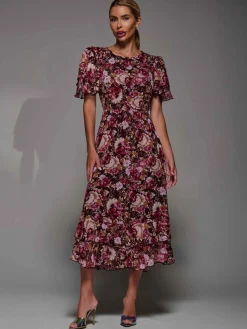 Frill Detail Chiffon Midaxi Dress Burgundy Floral