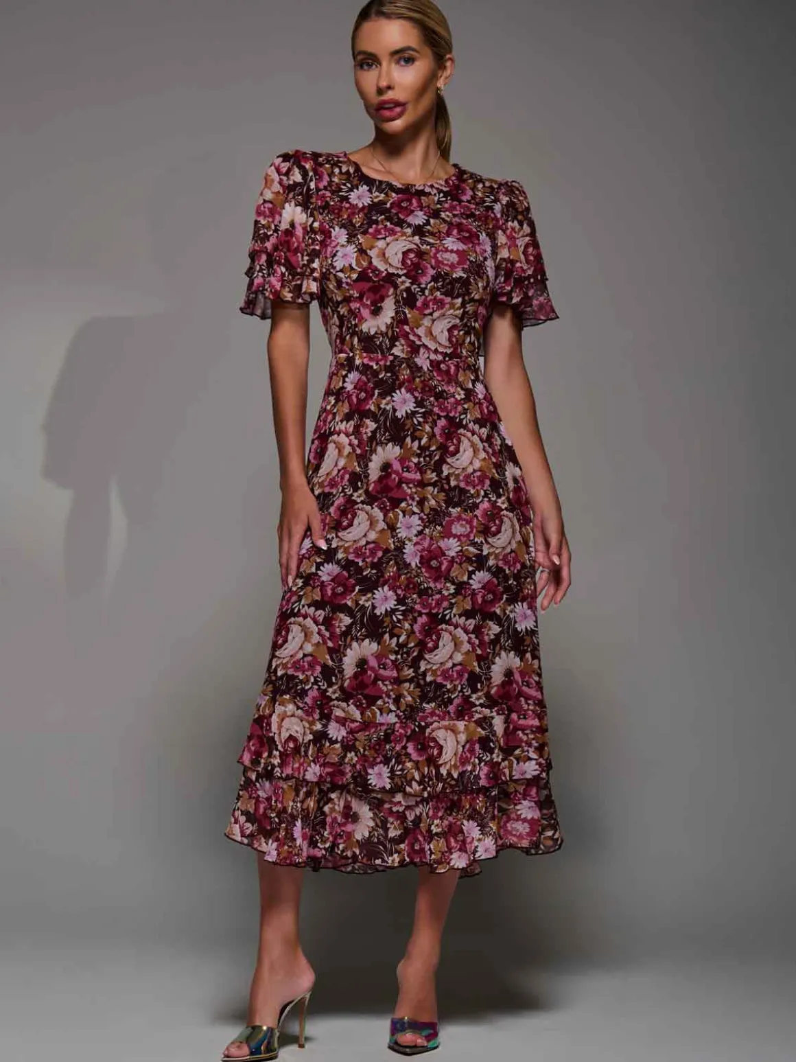 Frill Detail Chiffon Midaxi Dress Burgundy Floral