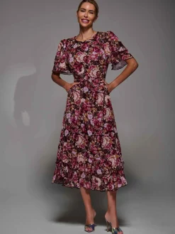Frill Detail Chiffon Midaxi Dress Burgundy Floral