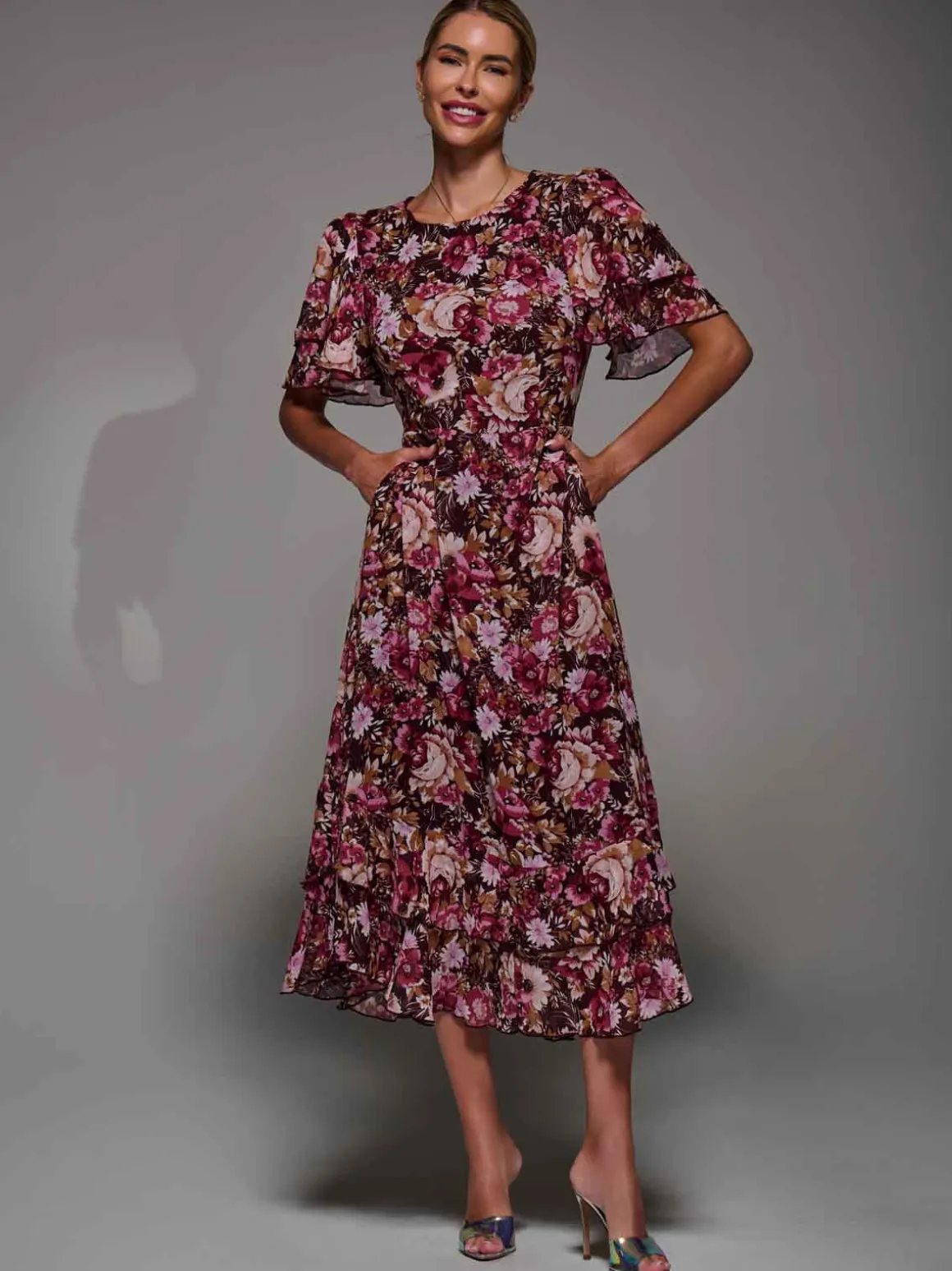 Frill Detail Chiffon Midaxi Dress Burgundy Floral