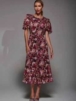 Frill Detail Chiffon Midaxi Dress Burgundy Floral