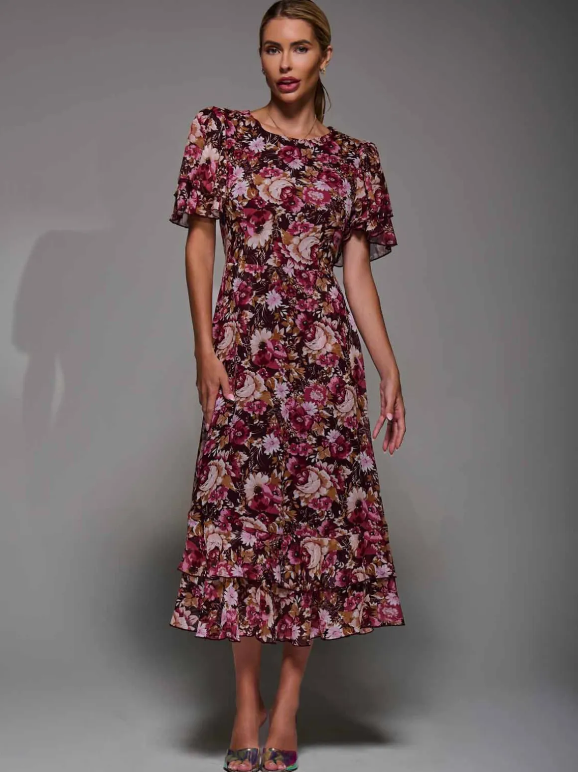 Frill Detail Chiffon Midaxi Dress Burgundy Floral