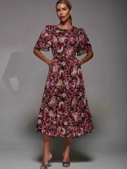 Frill Detail Chiffon Midaxi Dress Burgundy Floral