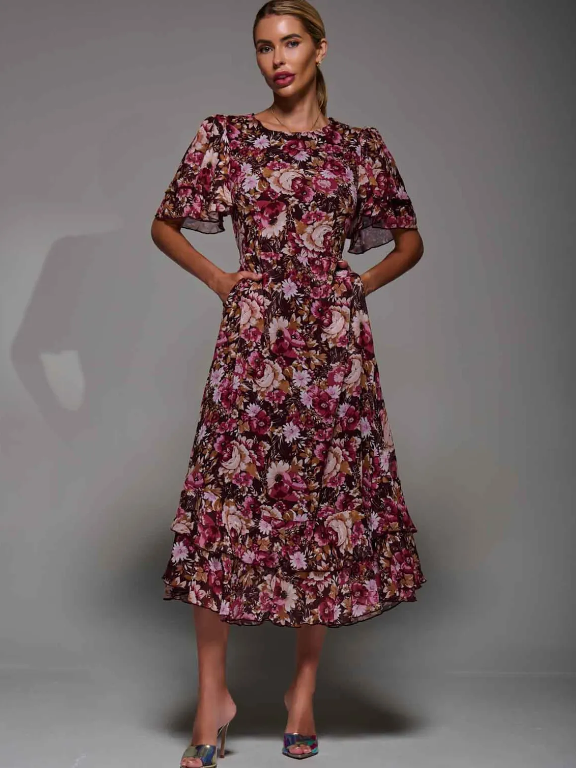 Frill Detail Chiffon Midaxi Dress Burgundy Floral