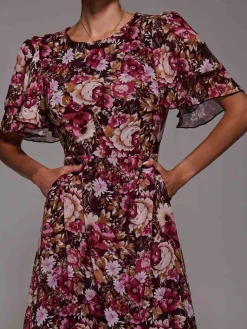 Frill Detail Chiffon Midaxi Dress Burgundy Floral