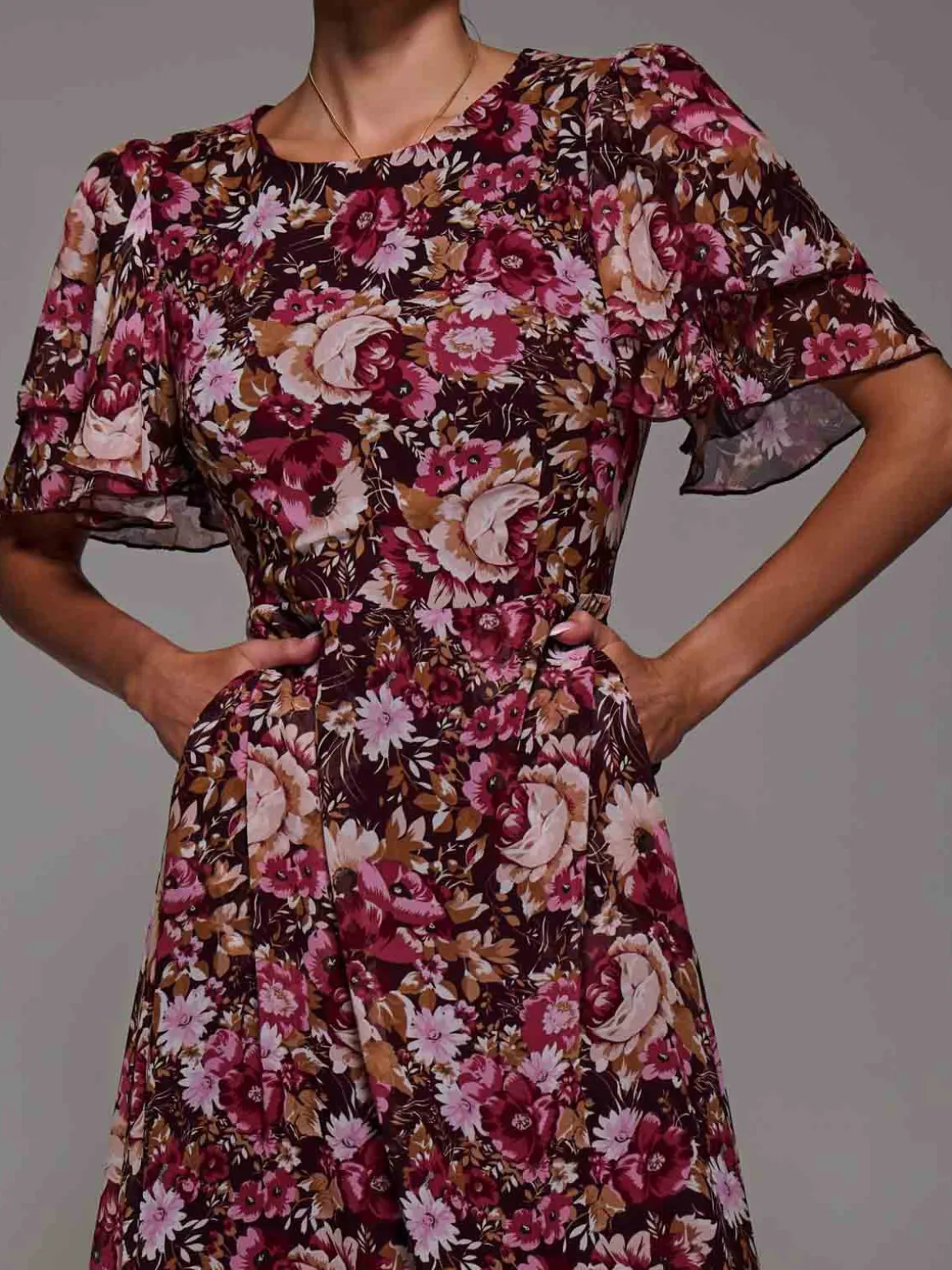 Frill Detail Chiffon Midaxi Dress Burgundy Floral
