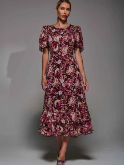 Frill Detail Chiffon Midaxi Dress Burgundy Floral