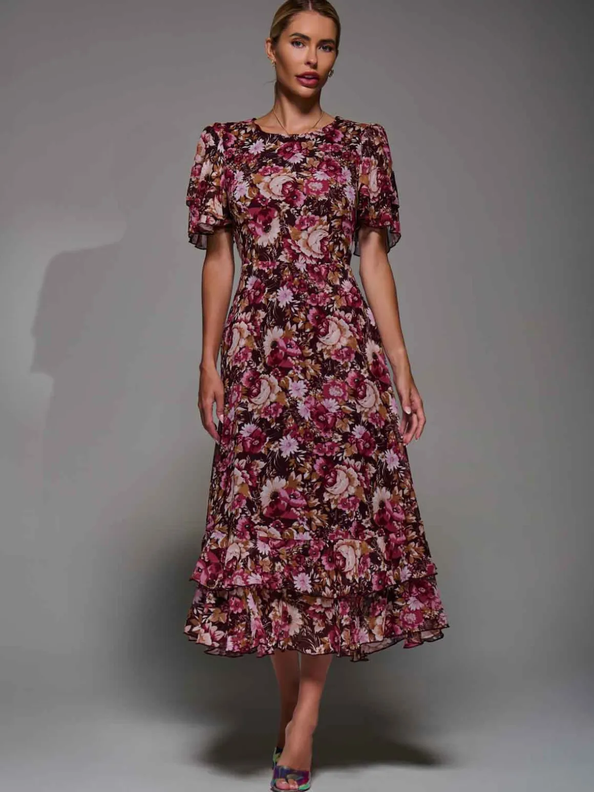 Frill Detail Chiffon Midaxi Dress Burgundy Floral